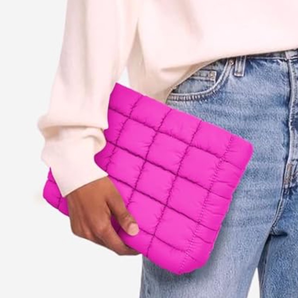NEW Quilted Padded Puffy Clutch Pouch Cosmetic Cloud Bag Hot Pink Puff Puffer